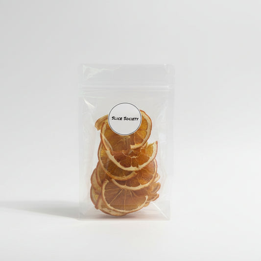 Dried orange slices in a clear plastic bag with a 'Slice Society' label.