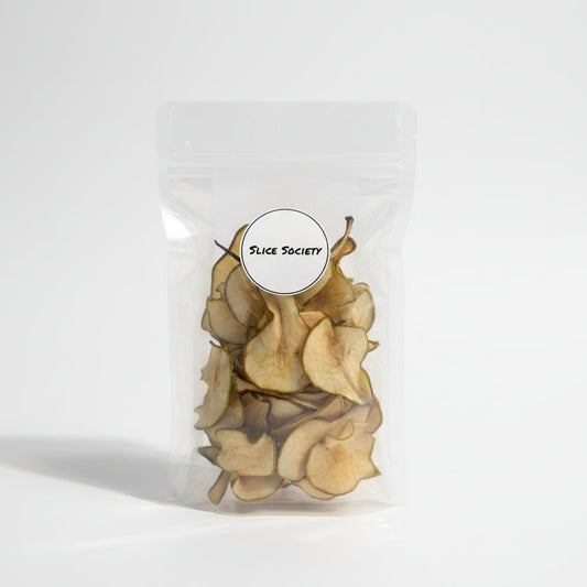 Packaged sliced mushrooms with 'Slice Society' label on a white background